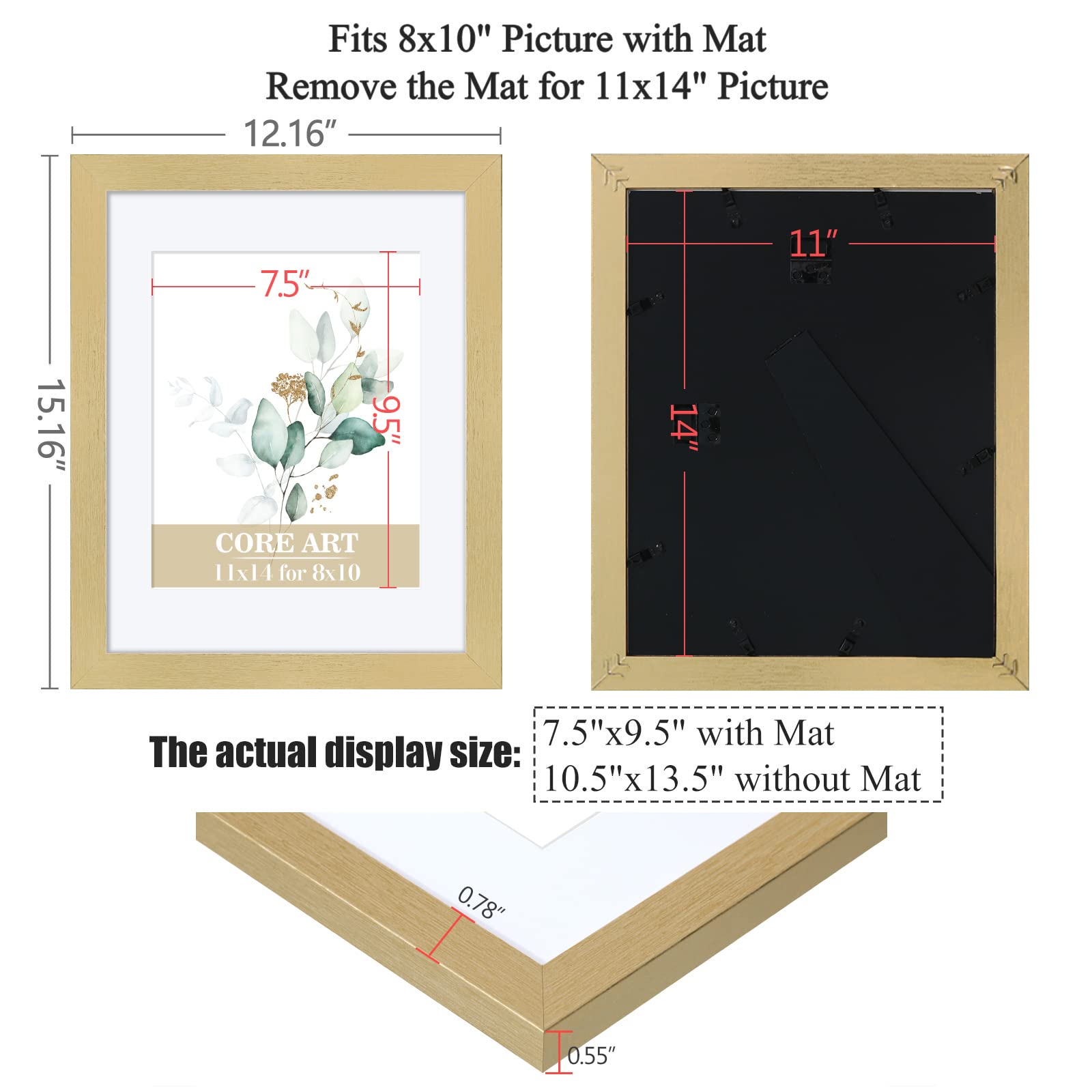 CORE ART 11x14 Picture Frame Gold Set of 2,Display Pictures 8x10 with Mat or 11 x 14 without Mat,Multi Photo Frames Collage for